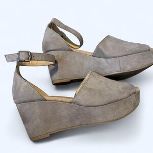 Gray beige neutral peep toe suede platform wedges